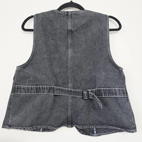 Y2K QM Women’s Black Denim Vest Button Front Pockets Asymmetrical Size S-M - Picture 2 of 13